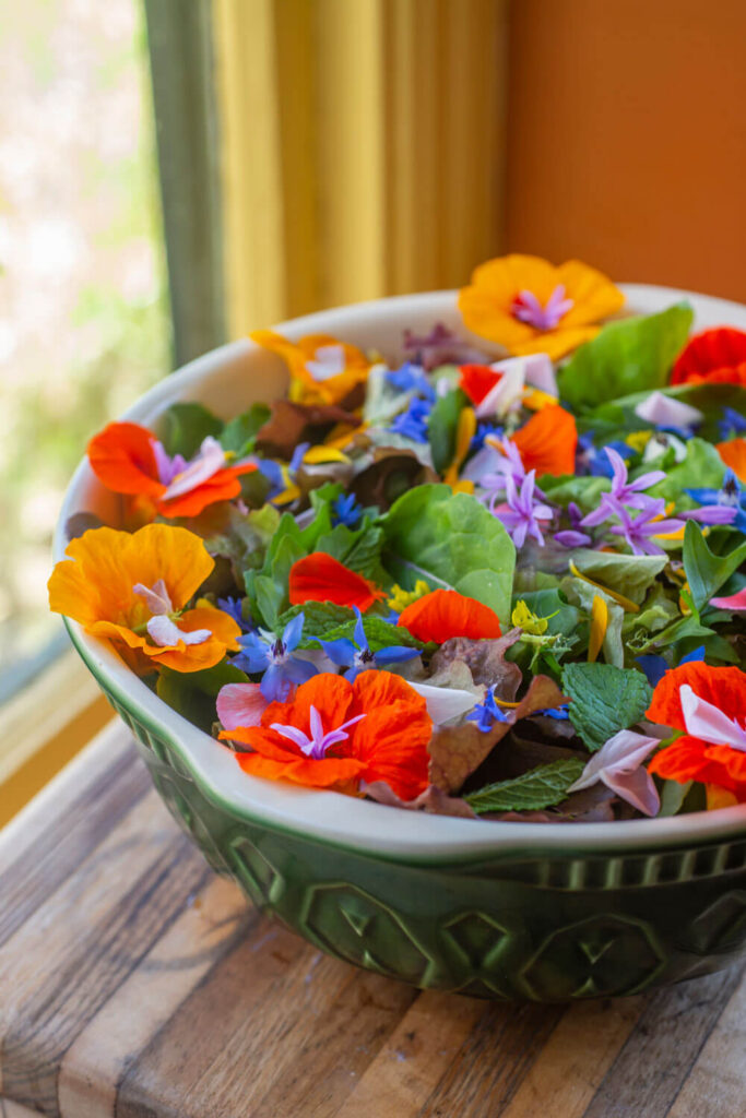 Tequila mockingbird garnished with edible flowers and dehydrated